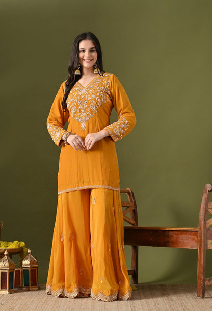 Mustard Yellow Sharara Set with Zardozi & Sequins Work