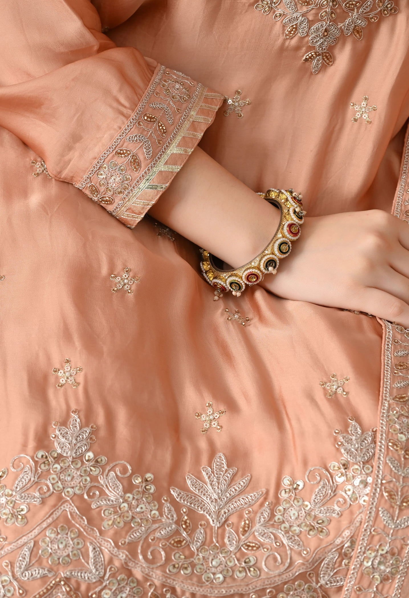 Peach Sharara Set with Zardozi, Sequin & Pearl Work.