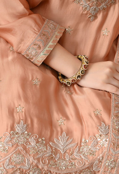 Peach Sharara Set with Zardozi, Sequin & Pearl Work.