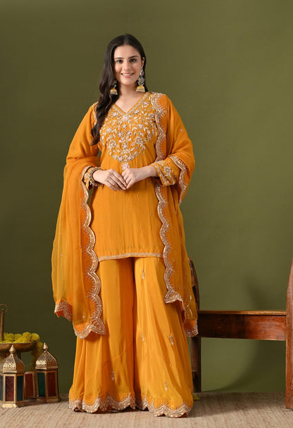 Mustard Yellow Sharara Set with Zardozi & Sequins Work