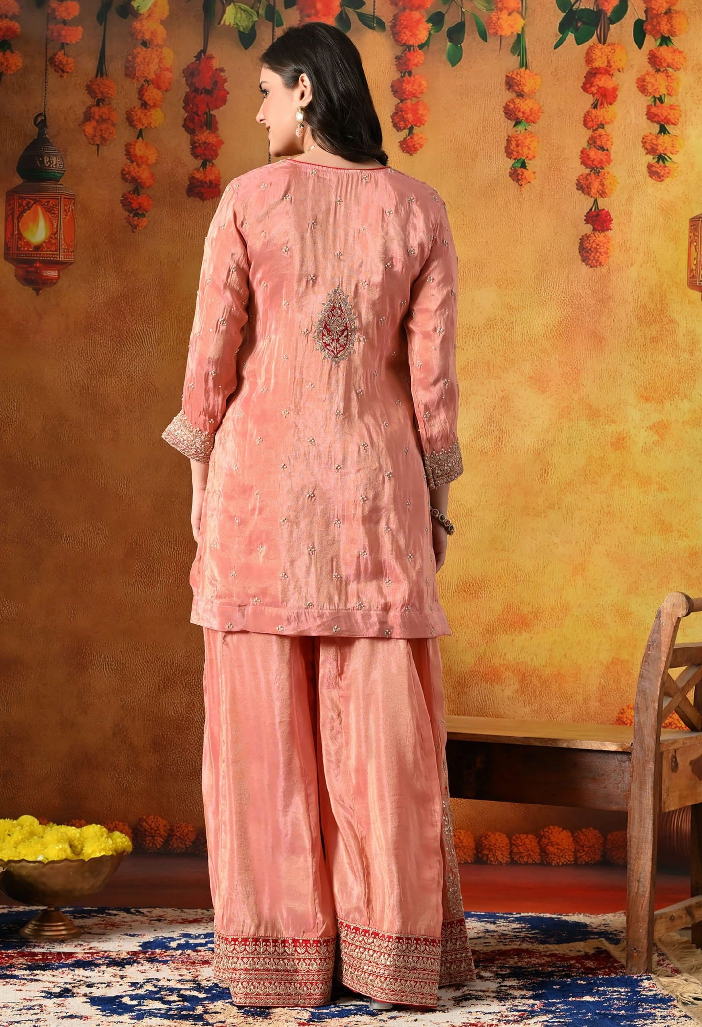 Peach Sharara Set with Zardozi, Applique, Thread & Sequin Work.