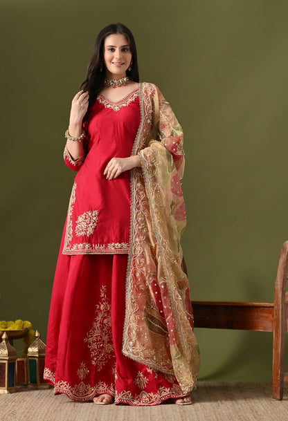 Pink Silk Sharara Set with Zardozi, Sequin & Pearl Work.