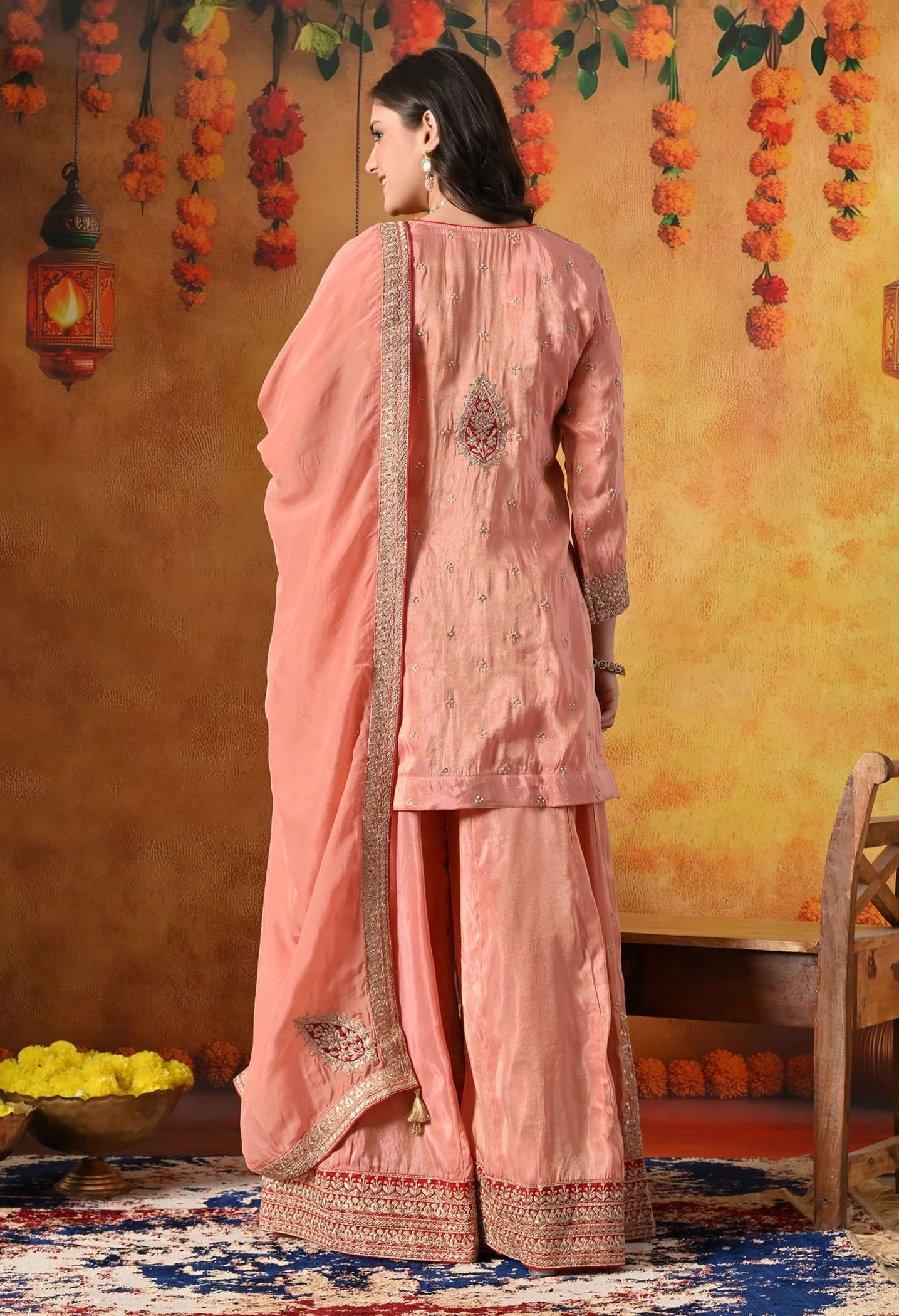 Peach Sharara Set with Zardozi, Applique, Thread & Sequin Work.