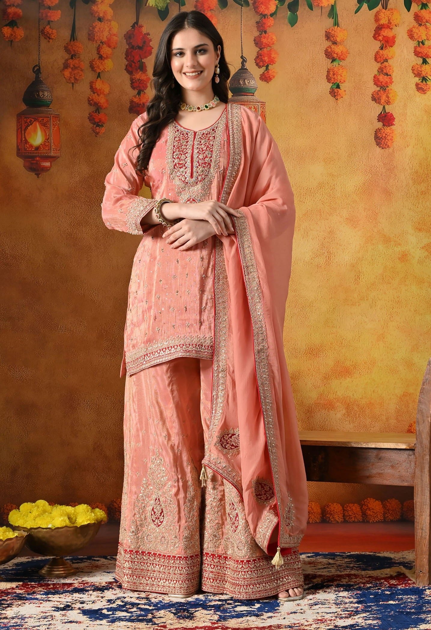 Peach Sharara Set with Zardozi, Applique, Thread & Sequin Work.