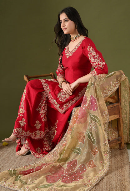 Pink Silk Sharara Set with Zardozi, Sequin & Pearl Work.