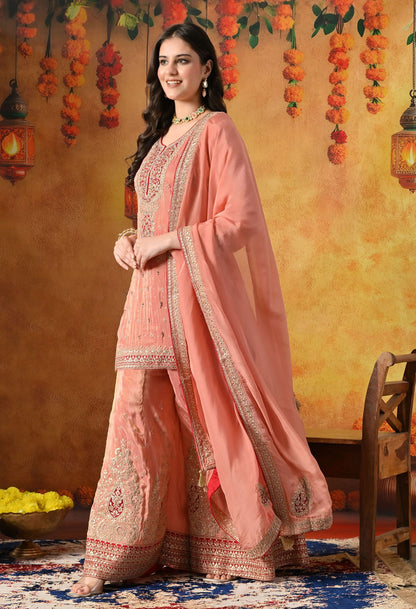 Peach Sharara Set with Zardozi, Applique, Thread & Sequin Work.
