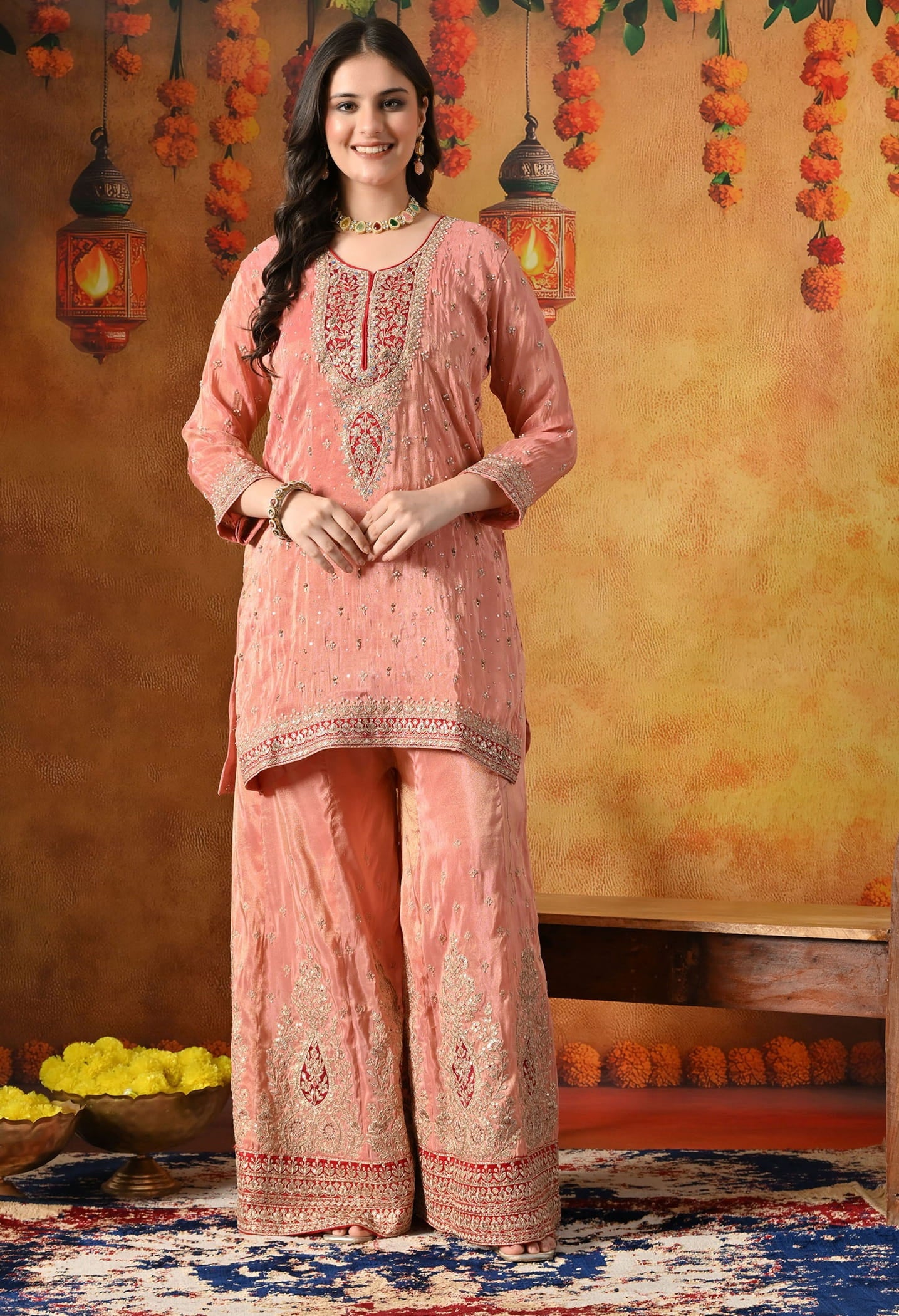 Peach Sharara Set with Zardozi, Applique, Thread & Sequin Work.