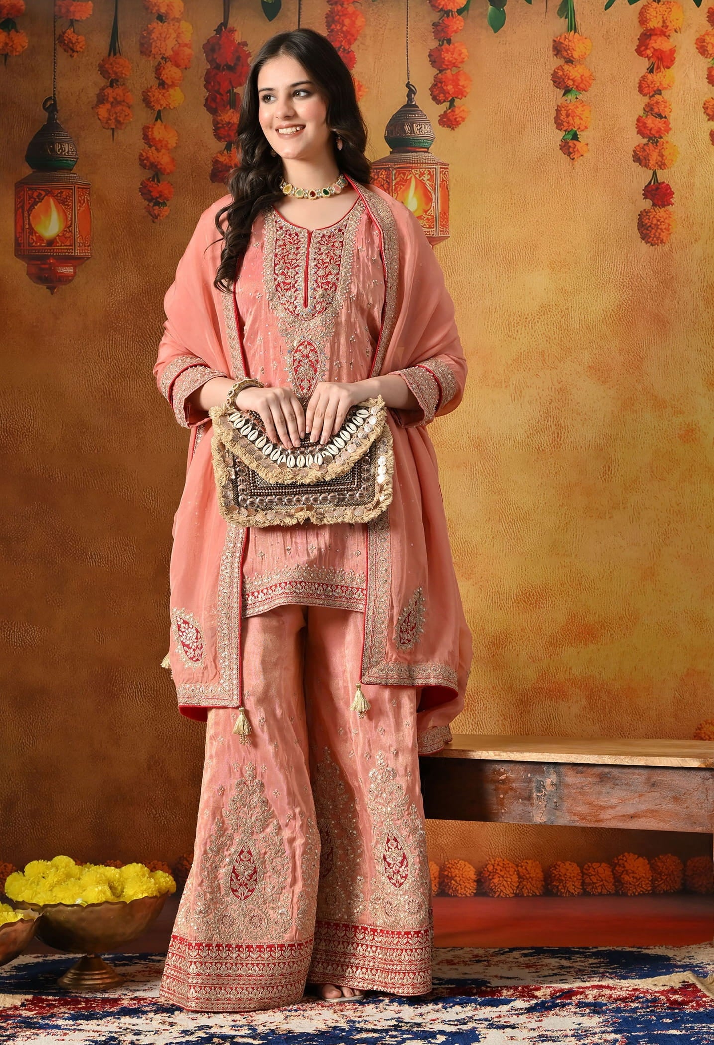 Peach Sharara Set with Zardozi, Applique, Thread & Sequin Work.