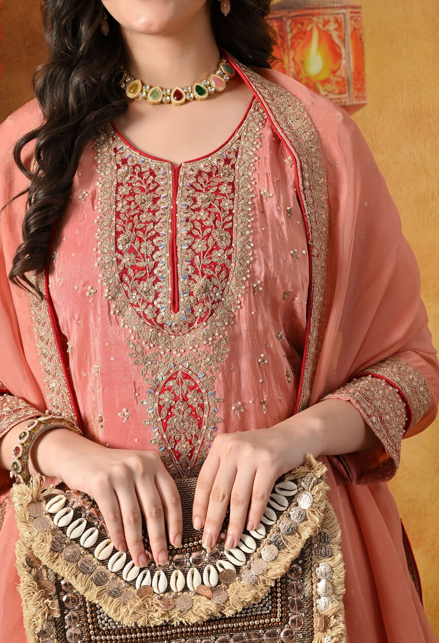 Peach Sharara Set with Zardozi, Applique, Thread & Sequin Work.