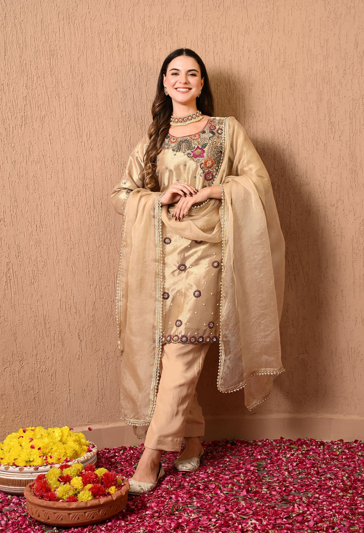 Astonishing Golden Kurta Set with Zardozi, dabka, Thread, and Pearl Work