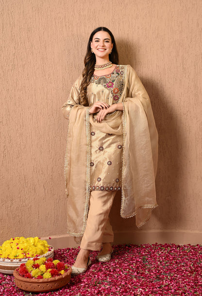 Astonishing Golden Kurta Set with Zardozi, dabka, Thread, and Pearl Work