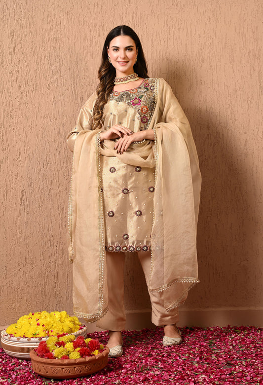 Astonishing Golden Kurta Set with Zardozi, dabka, Thread, and Pearl Work