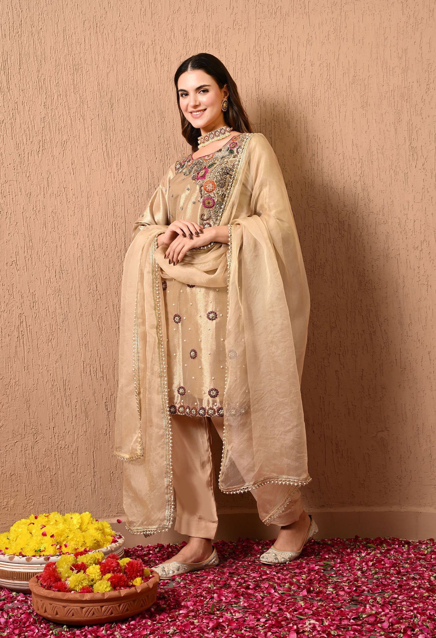 Astonishing Golden Kurta Set with Zardozi, dabka, Thread, and Pearl Work