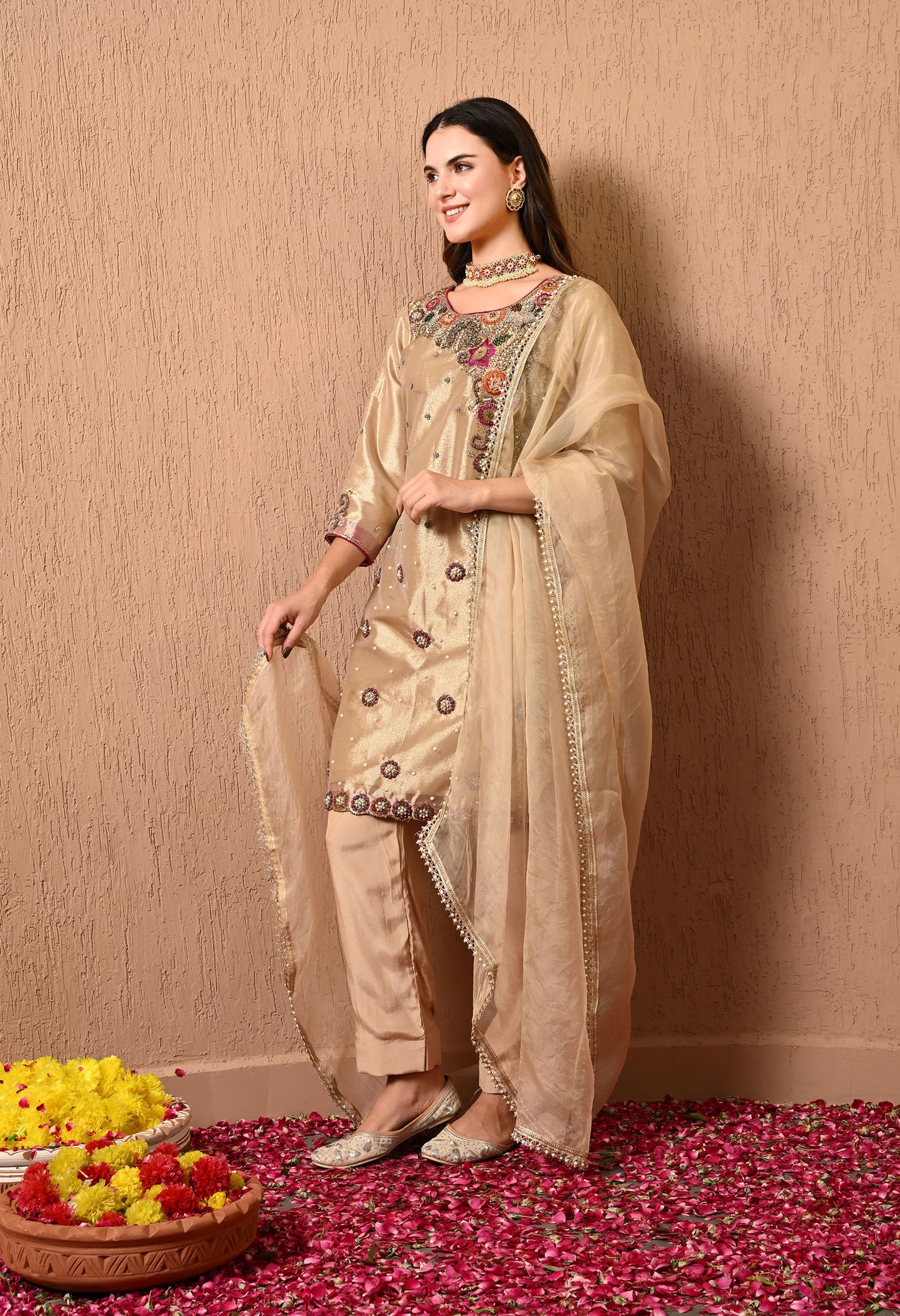 Astonishing Golden Kurta Set with Zardozi, dabka, Thread, and Pearl Work