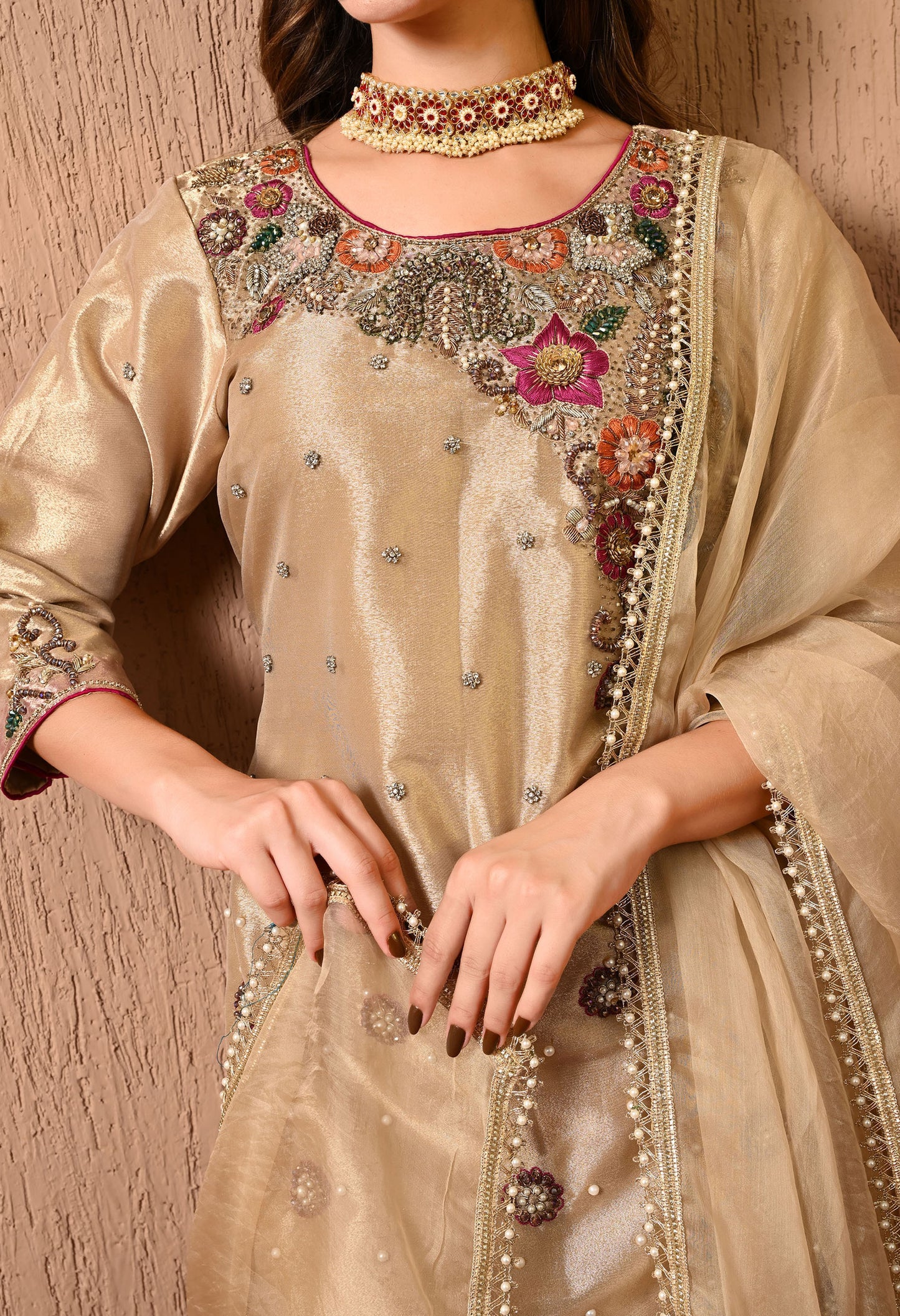 Astonishing Golden Kurta Set with Zardozi, dabka, Thread, and Pearl Work