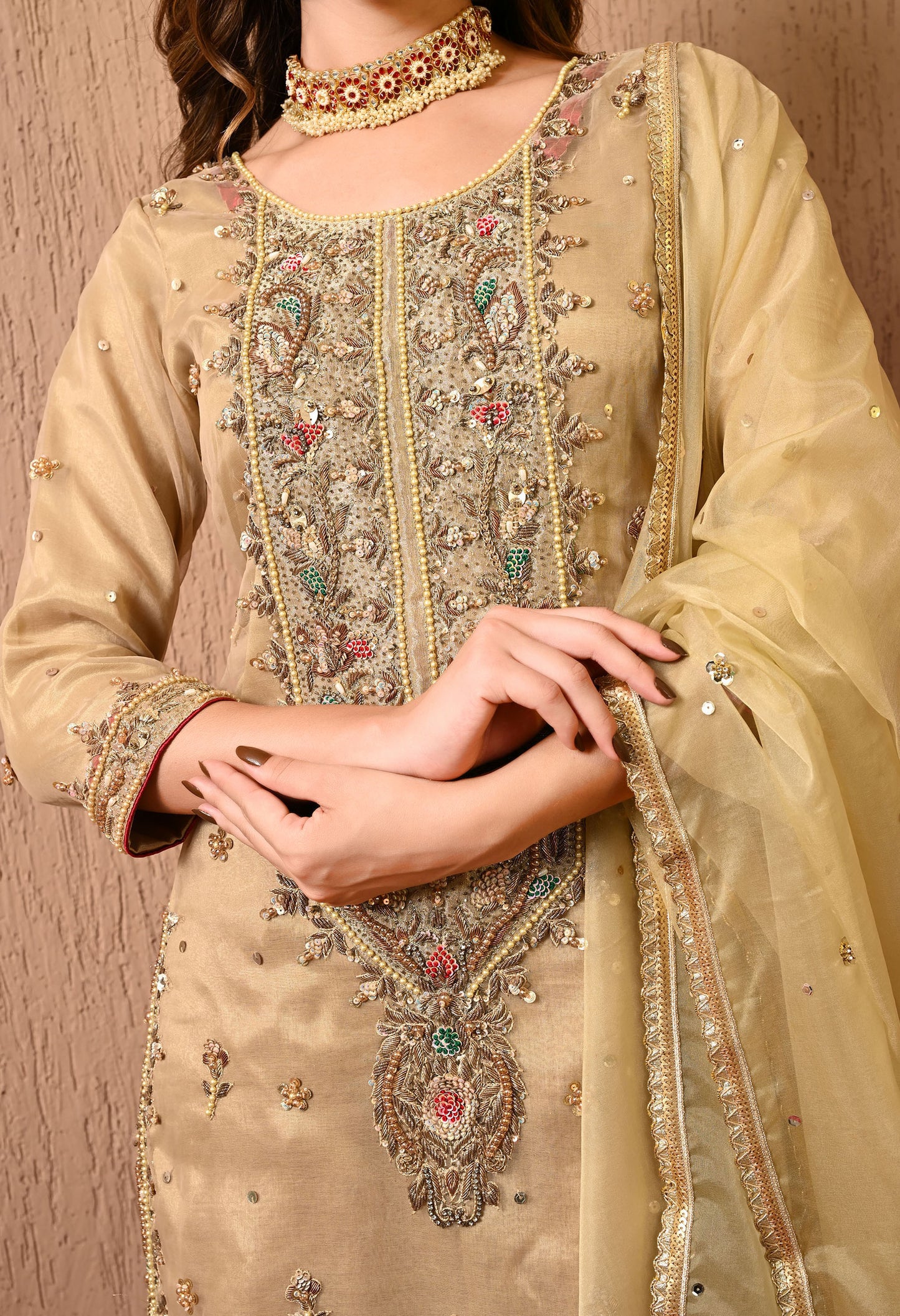 Golden Green Kurta Set with Zardozi, Dabka, Thread, and Sequence work