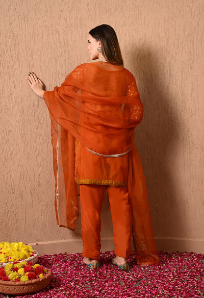 Dark Orange Kurta Set with Gotta, Thread, Dabka, and Zardozi