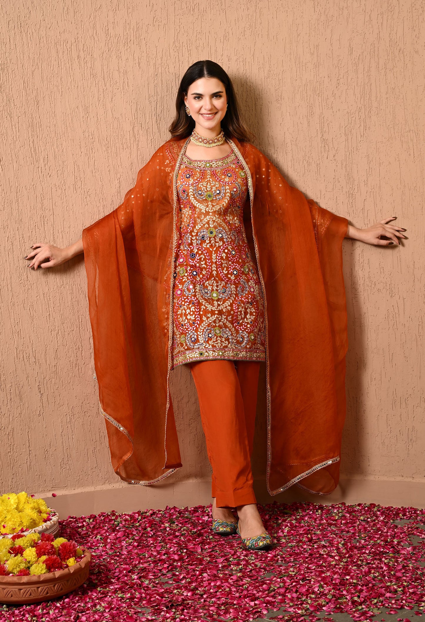 Dark Orange Kurta Set with Gotta, Thread, Dabka, and Zardozi