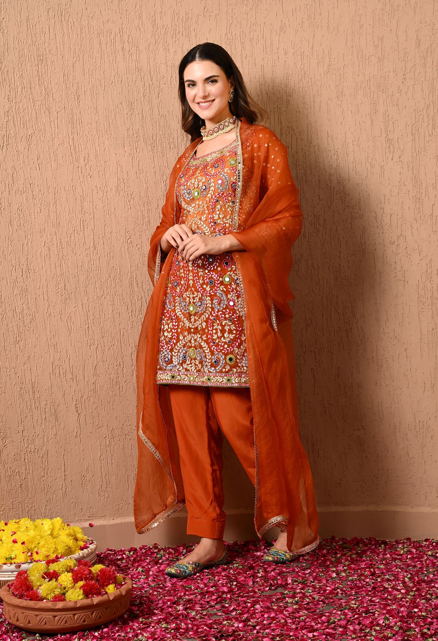 Dark Orange Kurta Set with Gotta, Thread, Dabka, and Zardozi