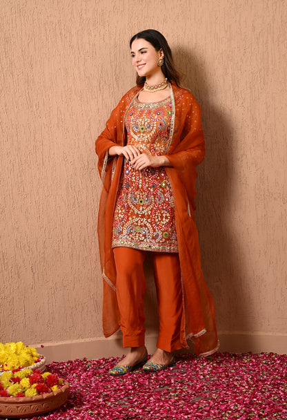 Dark Orange Kurta Set with Gotta, Thread, Dabka, and Zardozi