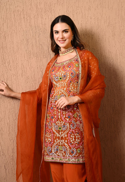 Dark Orange Kurta Set with Gotta, Thread, Dabka, and Zardozi