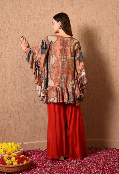 Dark Orange Kaftan Set with Beautiful Print Work