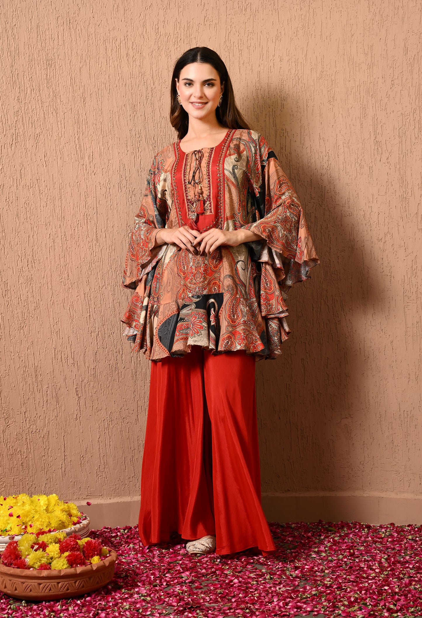 Dark Orange Kaftan Set with Beautiful Print Work