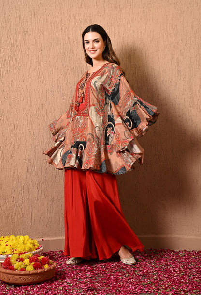 Dark Orange Kaftan Set with Beautiful Print Work