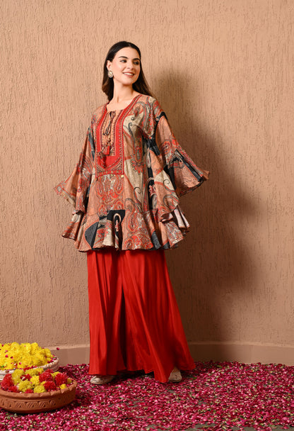 Dark Orange Kaftan Set with Beautiful Print Work