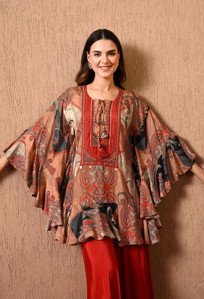 Dark Orange Kaftan Set with Beautiful Print Work