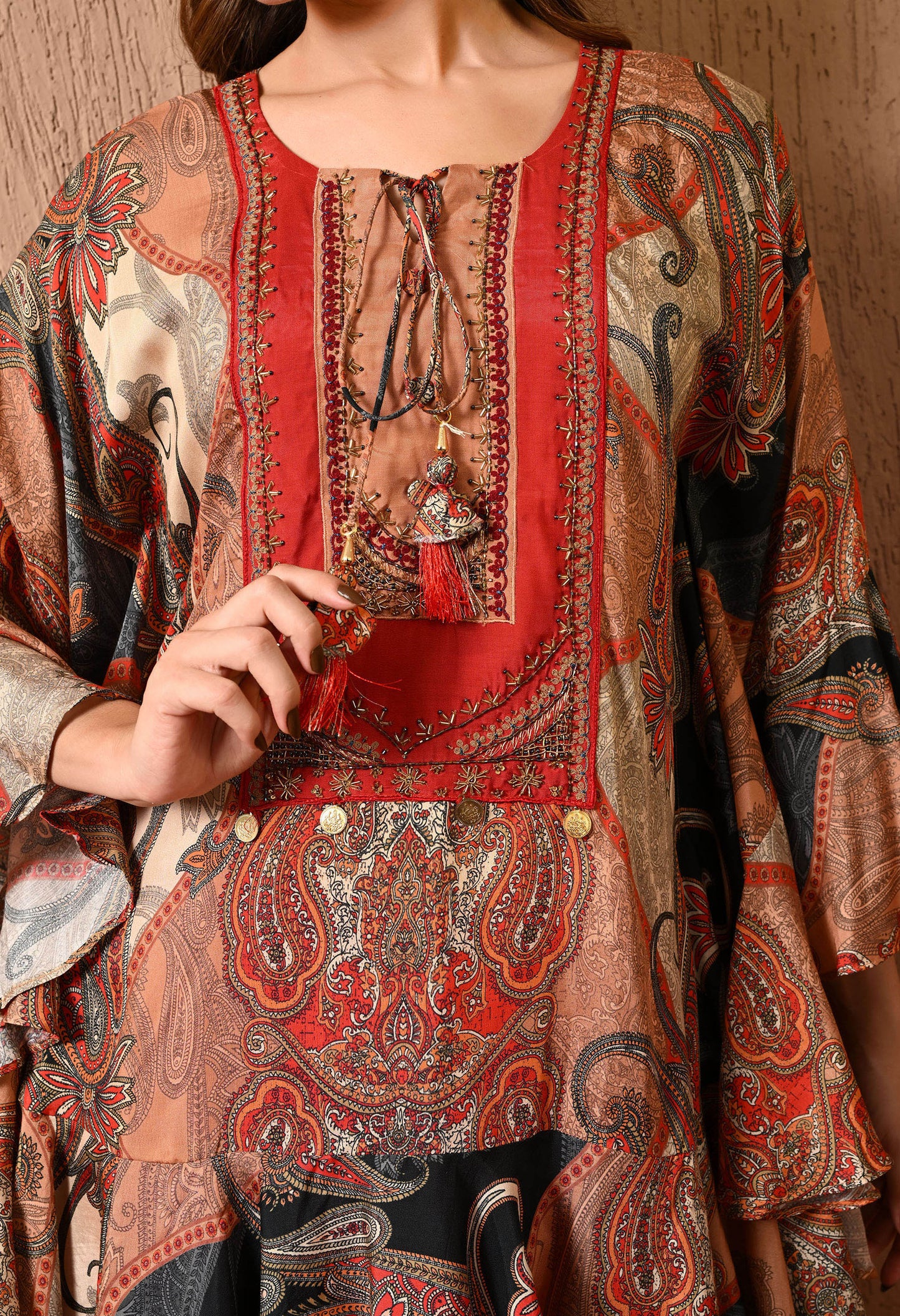 Dark Orange Kaftan Set with Beautiful Print Work