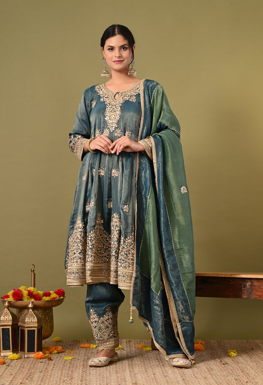 Beautiful Greyish Blue Kurta Set with Zardozi, Mirror, and Crystal Work