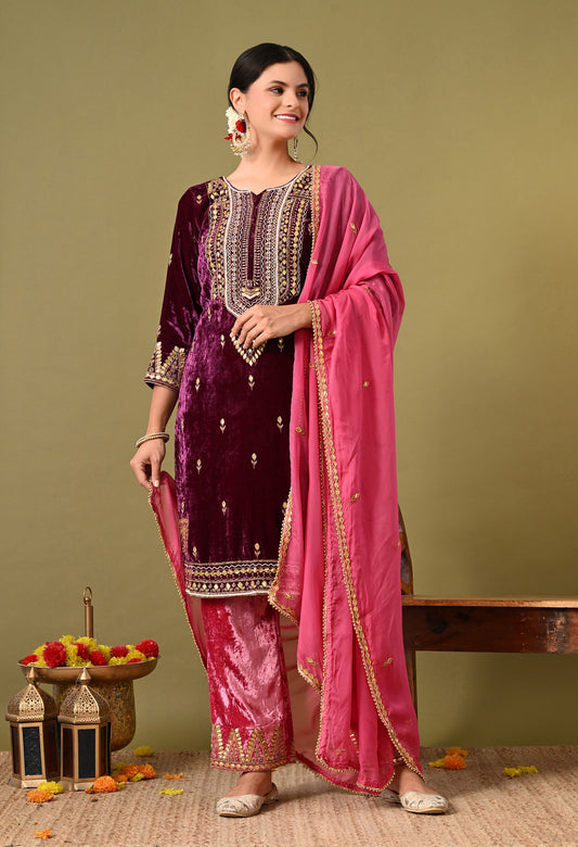 Elegant Pink Wine Velvet Kurta Set with Zardozi, Gotta, and Pearl Embroidery