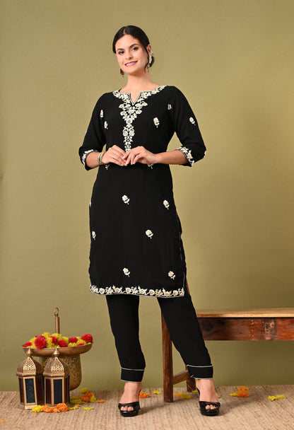 Graceful Black Kurta Set with Mesmerising Parsi Work