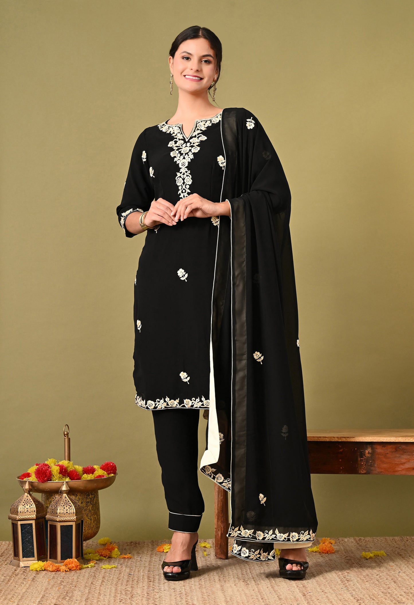 Graceful Black Kurta Set with Mesmerising Parsi Work