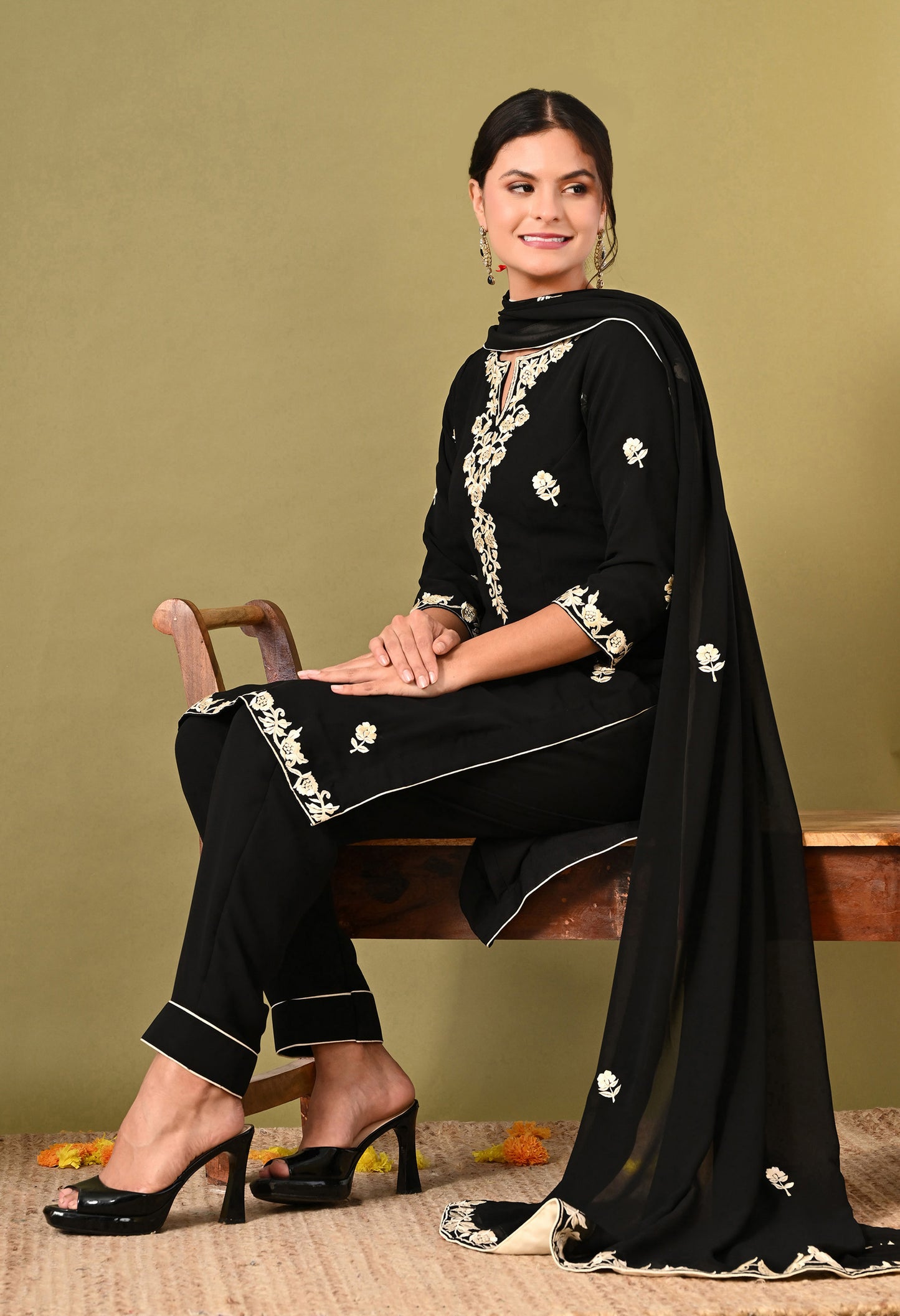 Graceful Black Kurta Set with Mesmerising Parsi Work