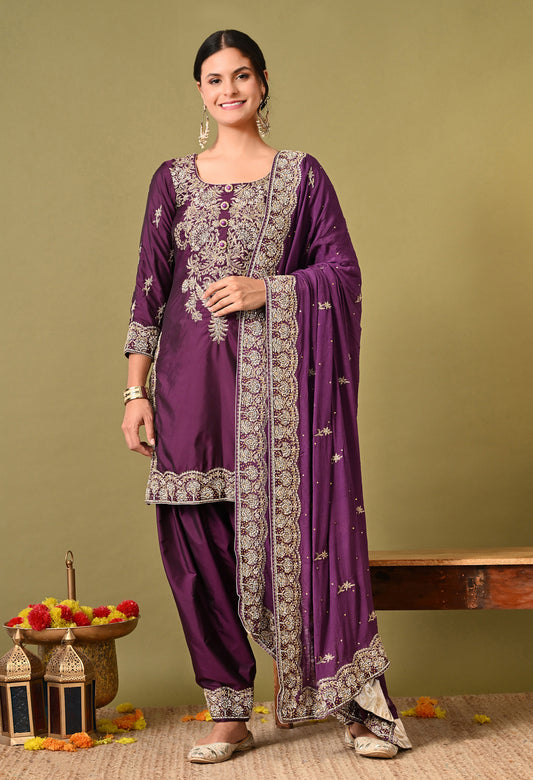 Luxurious Purple Kurta Set with Zardozi and Crystal Cutdana Embroidery