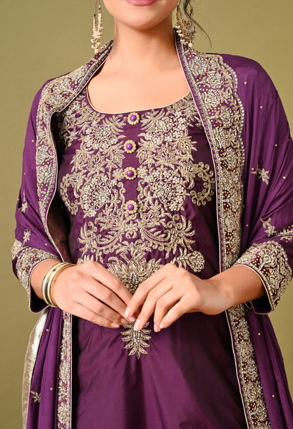 Luxurious Purple Kurta Set with Zardozi and Crystal Cutdana Embroidery