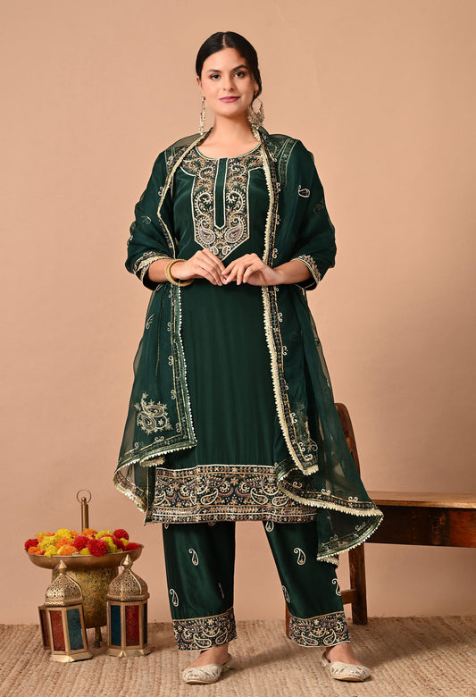 Mesmerising Bottle Green Kurta Set with Intricate Zardozi Work