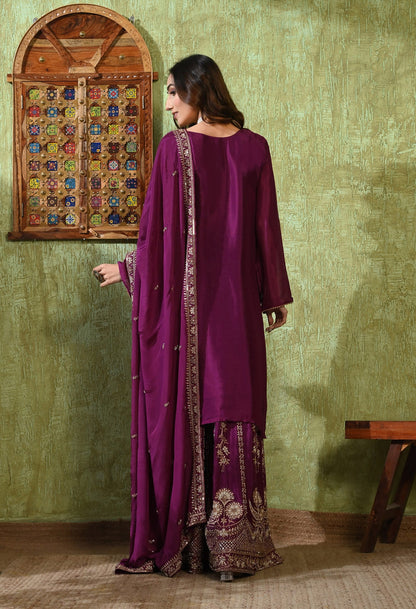 Purple Gharara Set with Zardozi, Pearl, Cutdana, and Sequin Embroidery.