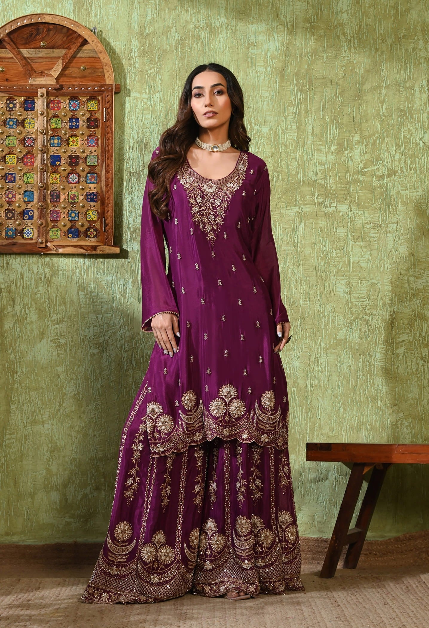 Purple Gharara Set with Zardozi, Pearl, Cutdana, and Sequin Embroidery.