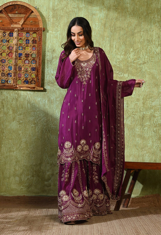 Purple Gharara Set with Zardozi, Pearl, Cutdana, and Sequin Embroidery.