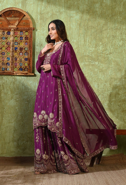 Purple Gharara Set with Zardozi, Pearl, Cutdana, and Sequin Embroidery.