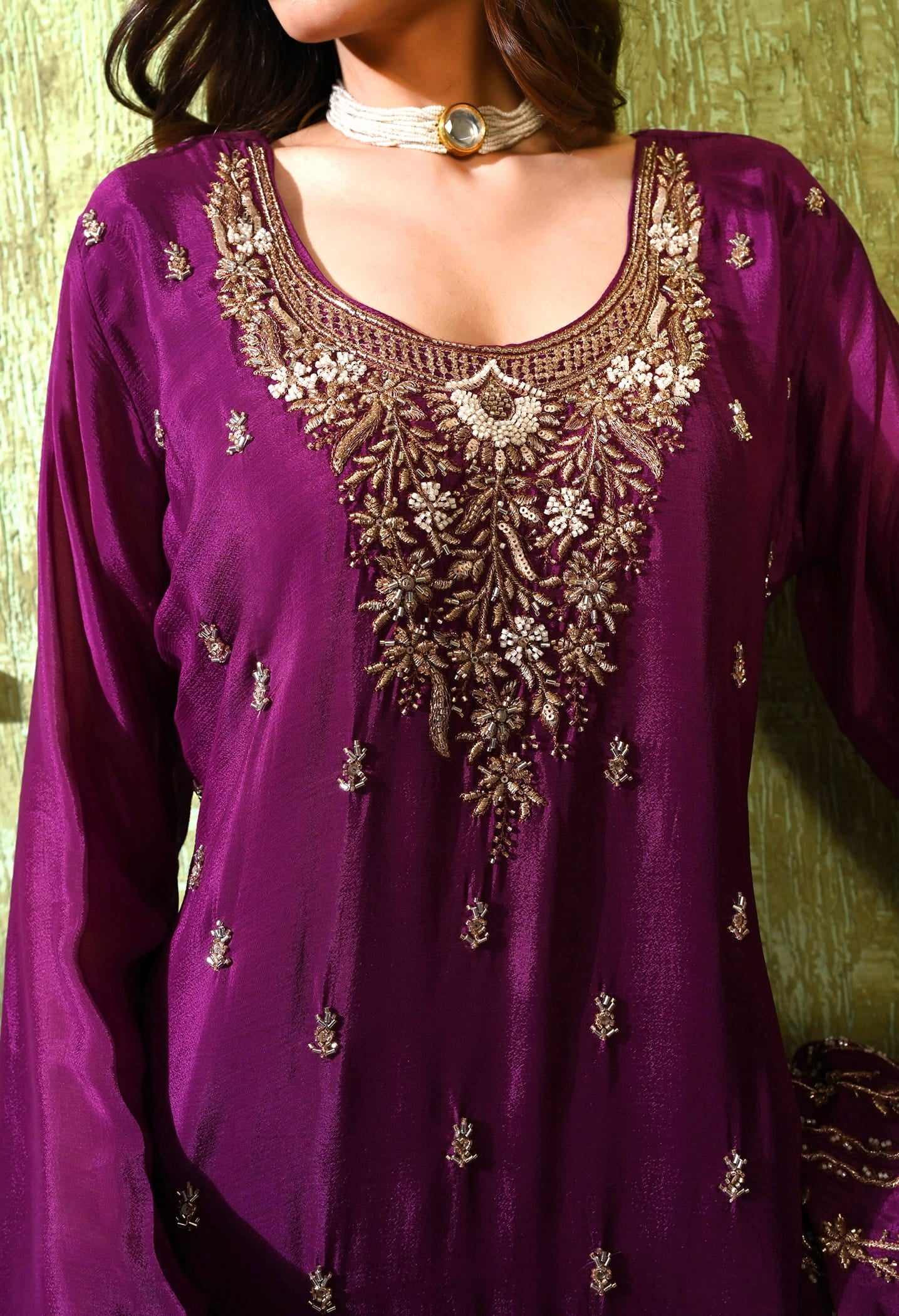 Purple Gharara Set with Zardozi, Pearl, Cutdana, and Sequin Embroidery.
