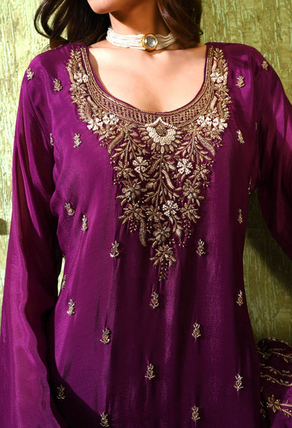 Purple Gharara Set with Zardozi, Pearl, Cutdana, and Sequin Embroidery.