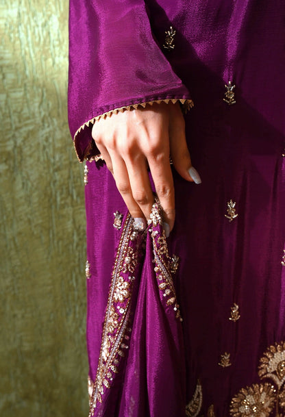 Purple Gharara Set with Zardozi, Pearl, Cutdana, and Sequin Embroidery.