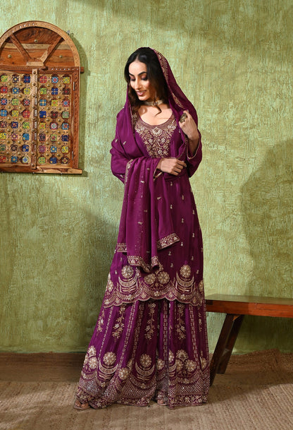 Purple Gharara Set with Zardozi, Pearl, Cutdana, and Sequin Embroidery.
