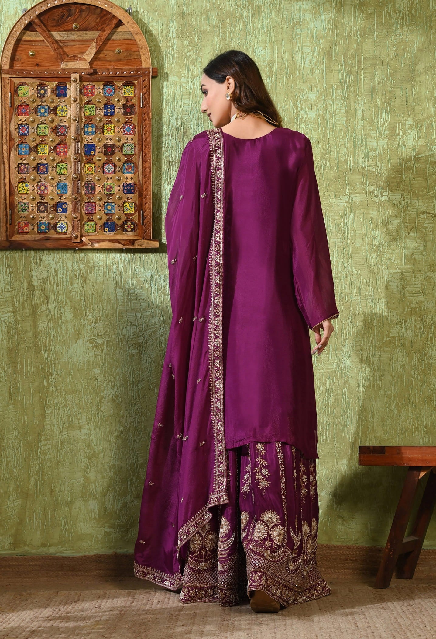Purple Gharara Set with Zardozi, Pearl, Cutdana, and Sequin Embroidery.