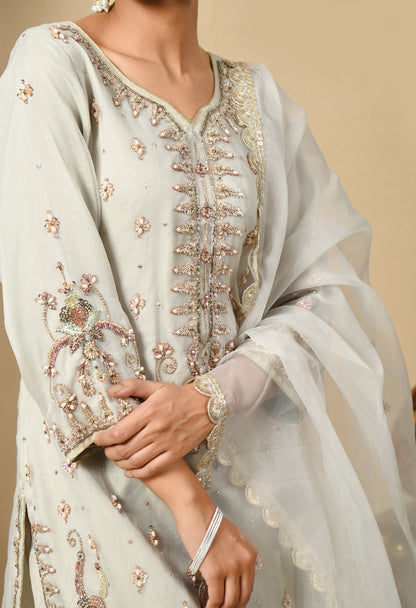 Light Grey Kurta Set with Zardozi, Dabka, and Sequence Work