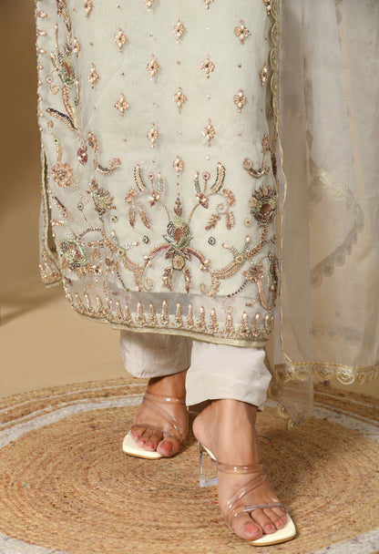 Light Grey Kurta Set with Zardozi, Dabka, and Sequence Work